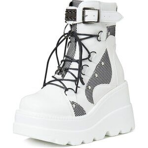 Women White Synthetic Chunky High Heel Round Toe Combat Wedges Platform Boots